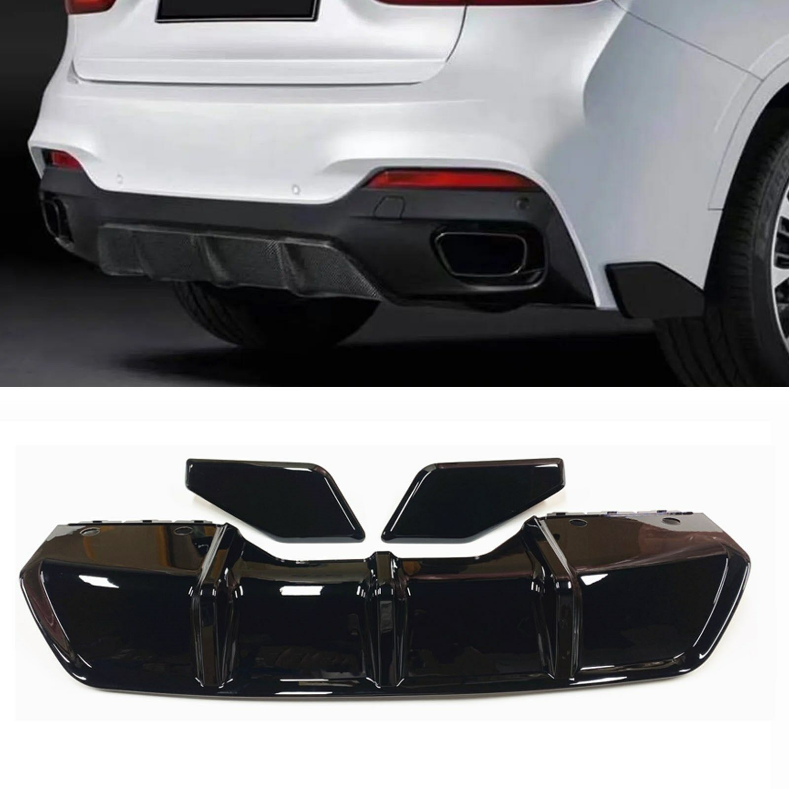 BMW X6 F16 Arka Difüzör + Flap M Tech Uyumlu Piano Black 3 Parça Arka Tampon Eki Parlak Siyah Boyalı