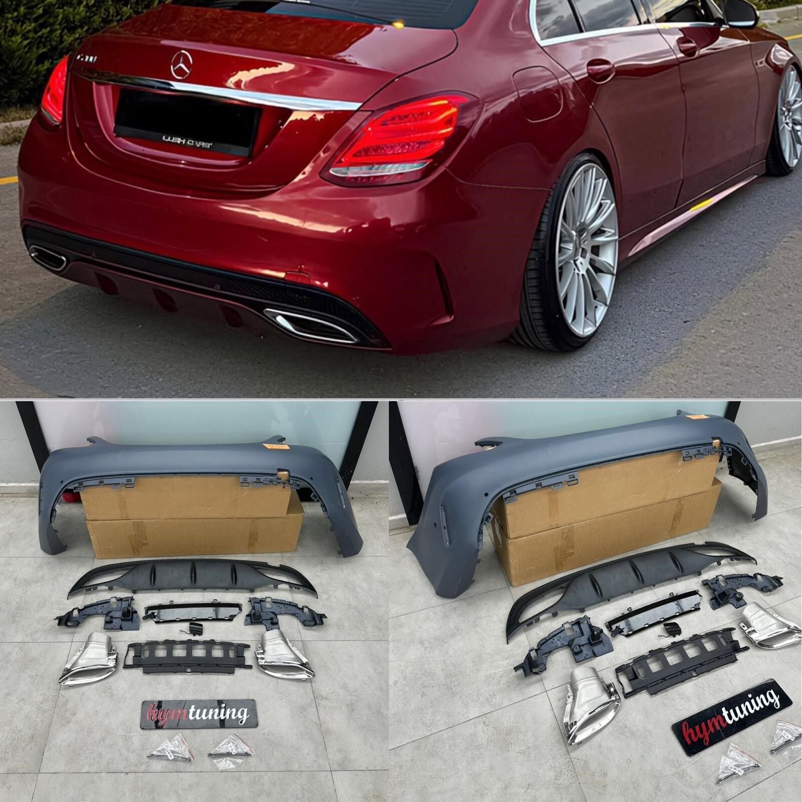 MERCEDES C SERİSİ W205 MAKYAJSIZ GÖRÜNÜM AMG ARKA TAMPON + DİFÜZÖR + EGZOZ  2015 2022  BOYASIZ