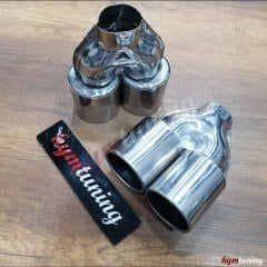 90lık çift çıkış egzoz ucu, düz ağız, 90mm, paslanmaz çelik