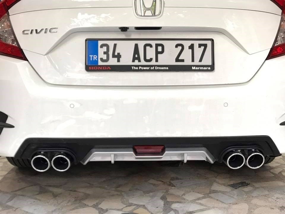 Honda Civic FC5 Turbo Difüzör 2016 2020, Ortası Gri, Sağ Sol 4 Egzoz Çıkışlı, İthal Ürün